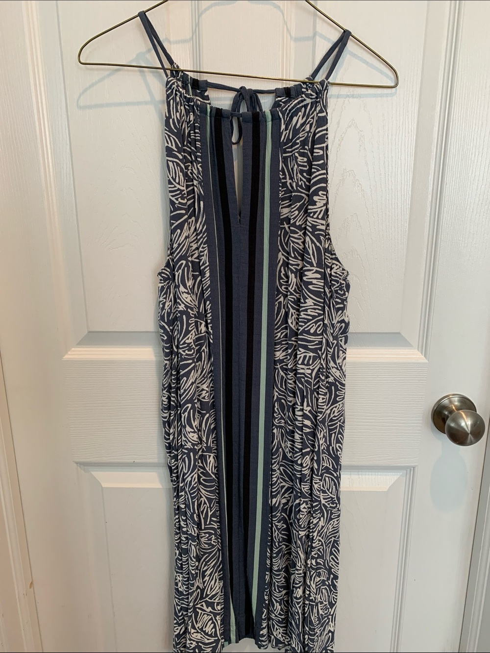 LOFT Navy and White Printed Dress with Aqua Stripe Large